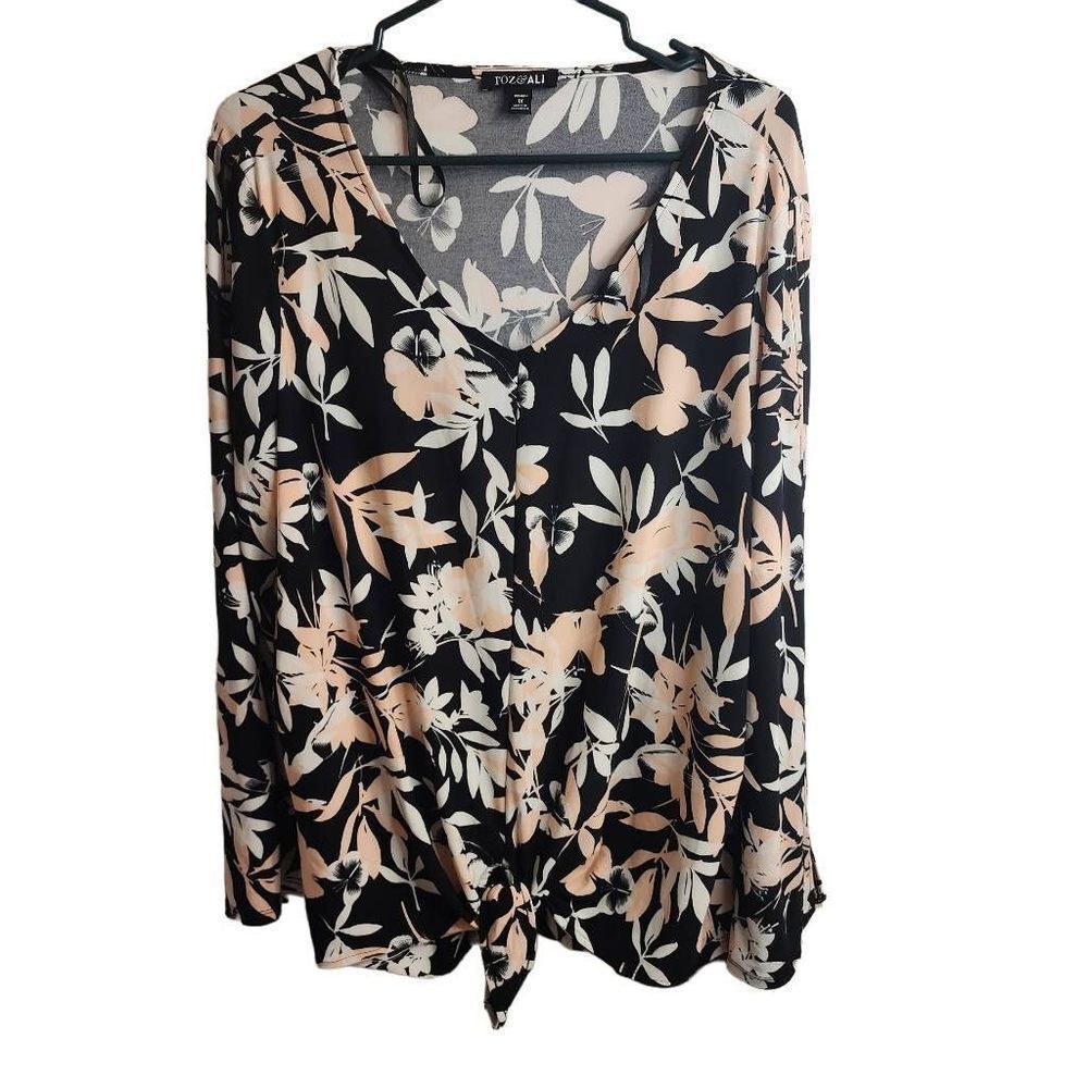 Roz & Ali NWOT Butterfly Floral Print Trumpet Sleeve Blouse Tie Front Size 1X